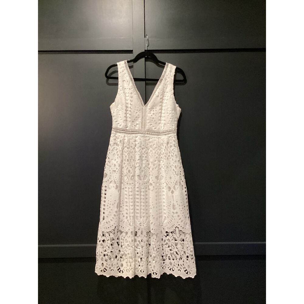 Boston Proper mixed media white lace crochet eyelet v neck sleeveless midi dress